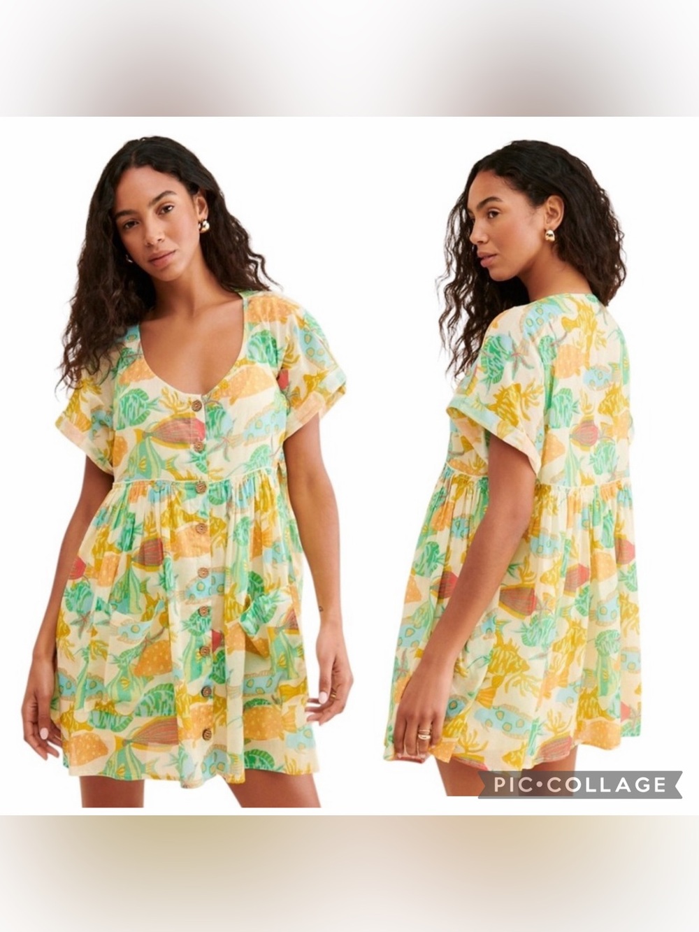 Medium free people Oceania mini dress yellow green fish pattern pockets beach